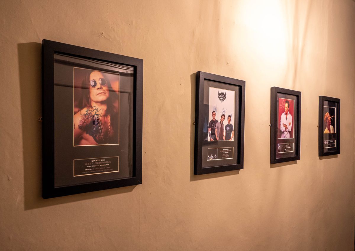 Picture wall singed pictures of Ozzy and more. large self catering accommodation Monnow Valley Studios Monmouthshire www.bhhl.co.uk